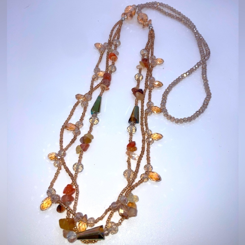 Crystal Agate & Seed Bead Beaded Long Necklace 36”
